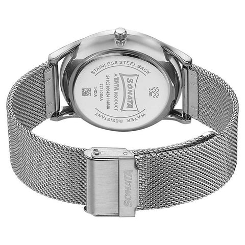 Sonata Quartz Analog Blue Dial Silver Stainless Steel Strap Watch For Men