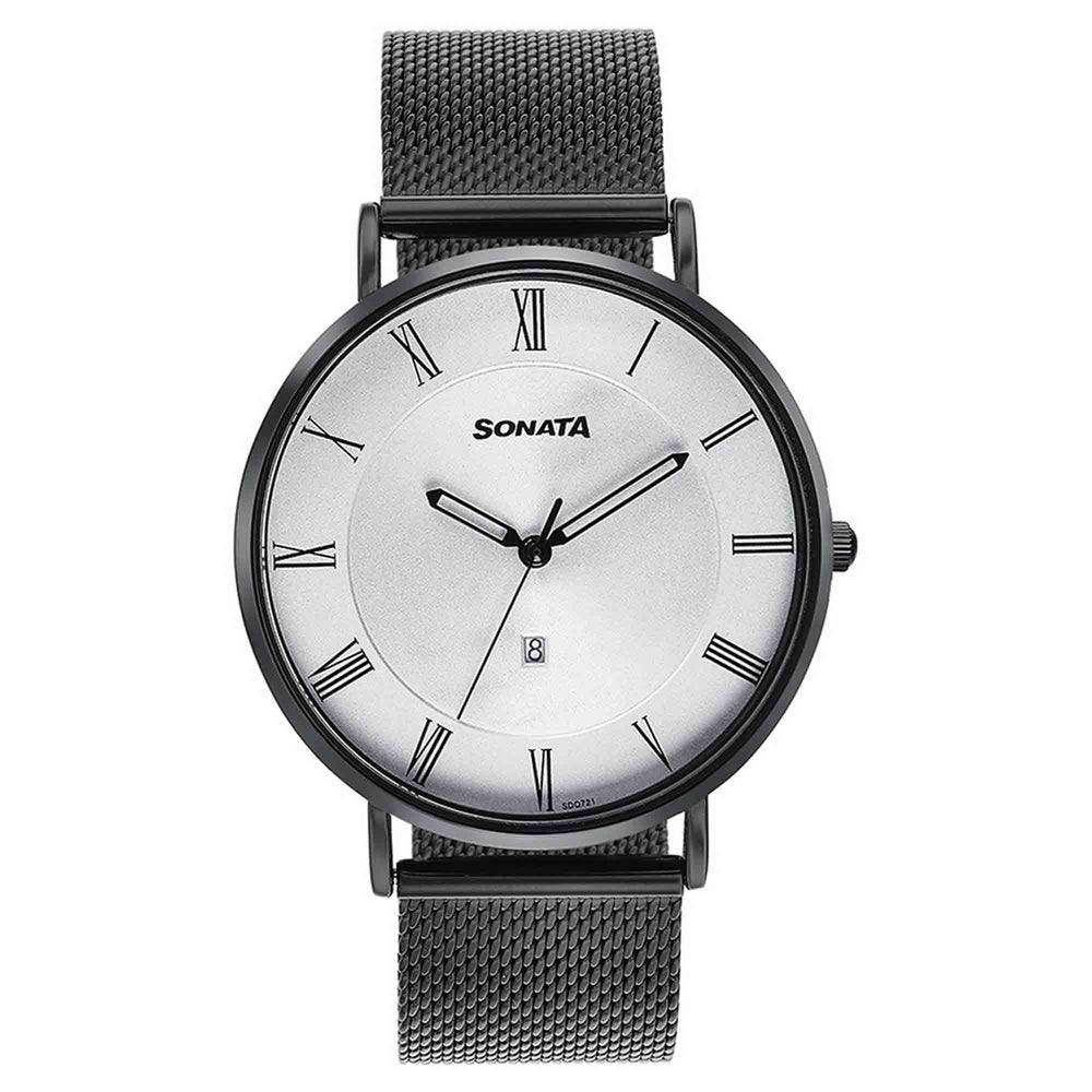 Sonata Quartz Analog with Date Silver Dial Black Stainless Steel Strap Watch For Men