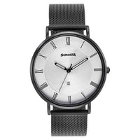 Sonata Quartz Analog with Date Silver Dial Black Stainless Steel Strap Watch For Men