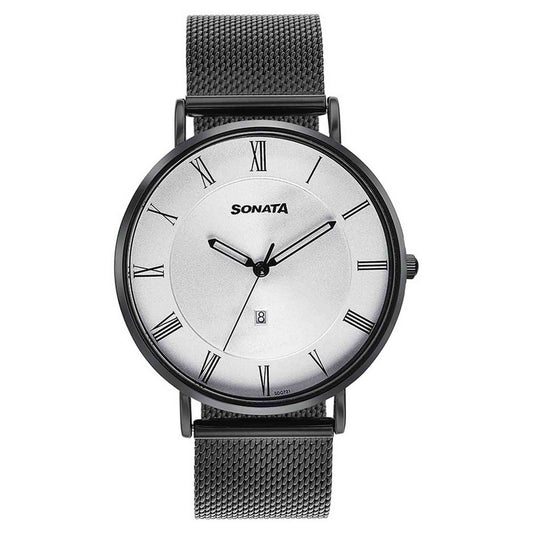Sonata Quartz Analog with Date Silver Dial Black Stainless Steel Strap Watch For Men