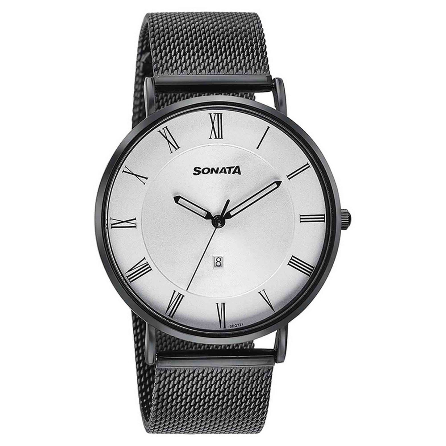 Sonata Quartz Analog with Date Silver Dial Black Stainless Steel Strap Watch For Men