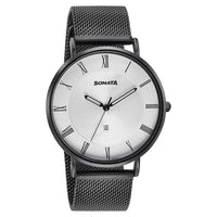 Sonata Quartz Analog with Date Silver Dial Black Stainless Steel Strap Watch For Men