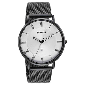 Sonata Quartz Analog with Date Silver Dial Black Stainless Steel Strap Watch For Men
