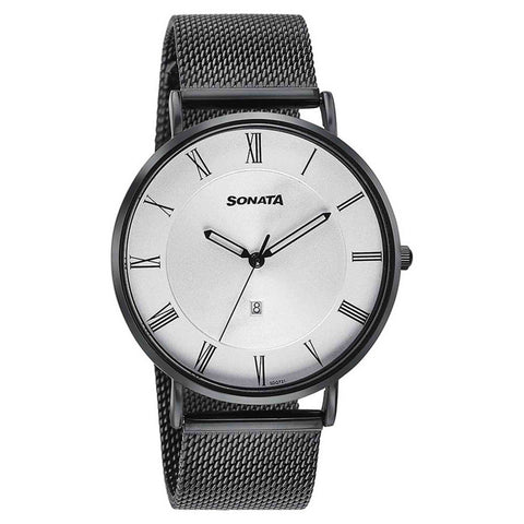 Sonata Quartz Analog with Date Silver Dial Black Stainless Steel Strap Watch For Men