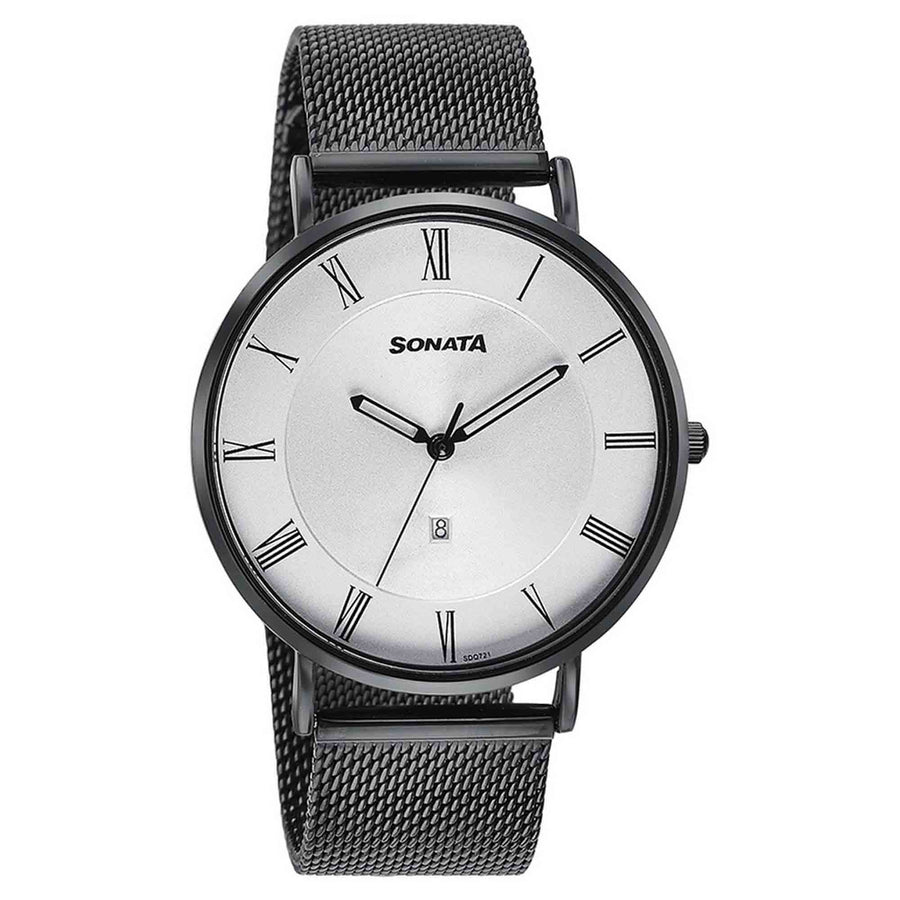 Sonata Quartz Analog with Date Silver Dial Black Stainless Steel Strap Watch For Men
