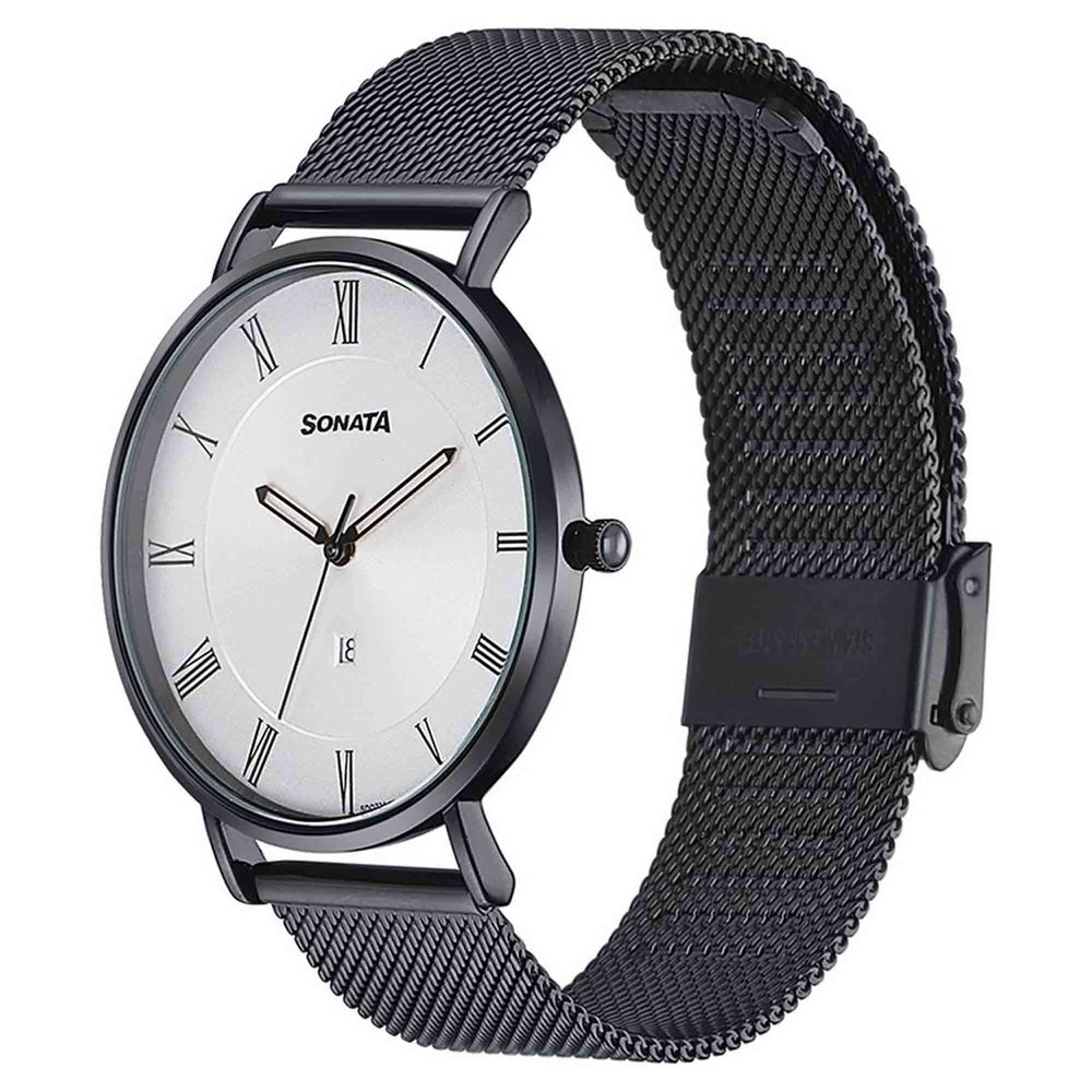 Sonata Quartz Analog with Date Silver Dial Black Stainless Steel Strap Watch For Men