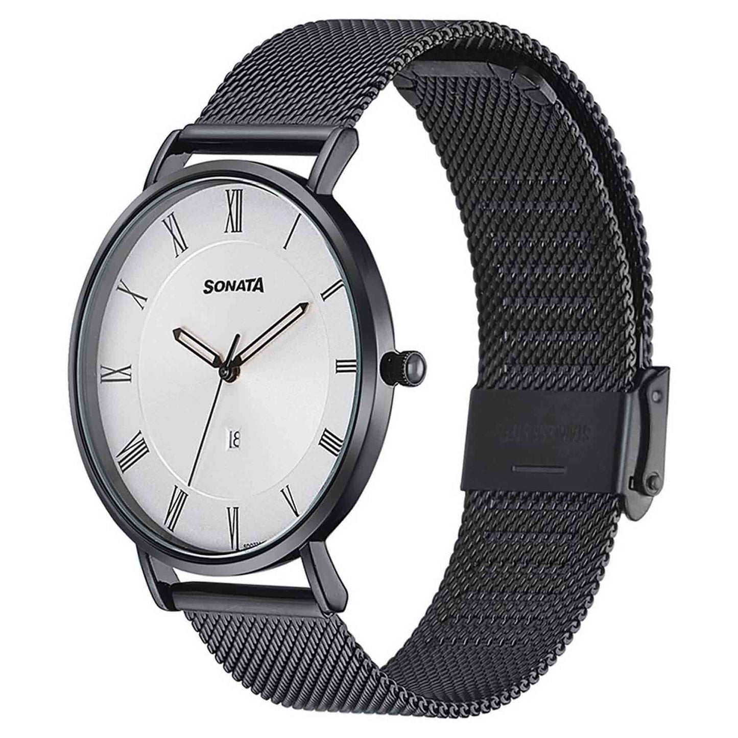 Sonata Quartz Analog with Date Silver Dial Black Stainless Steel Strap Watch For Men