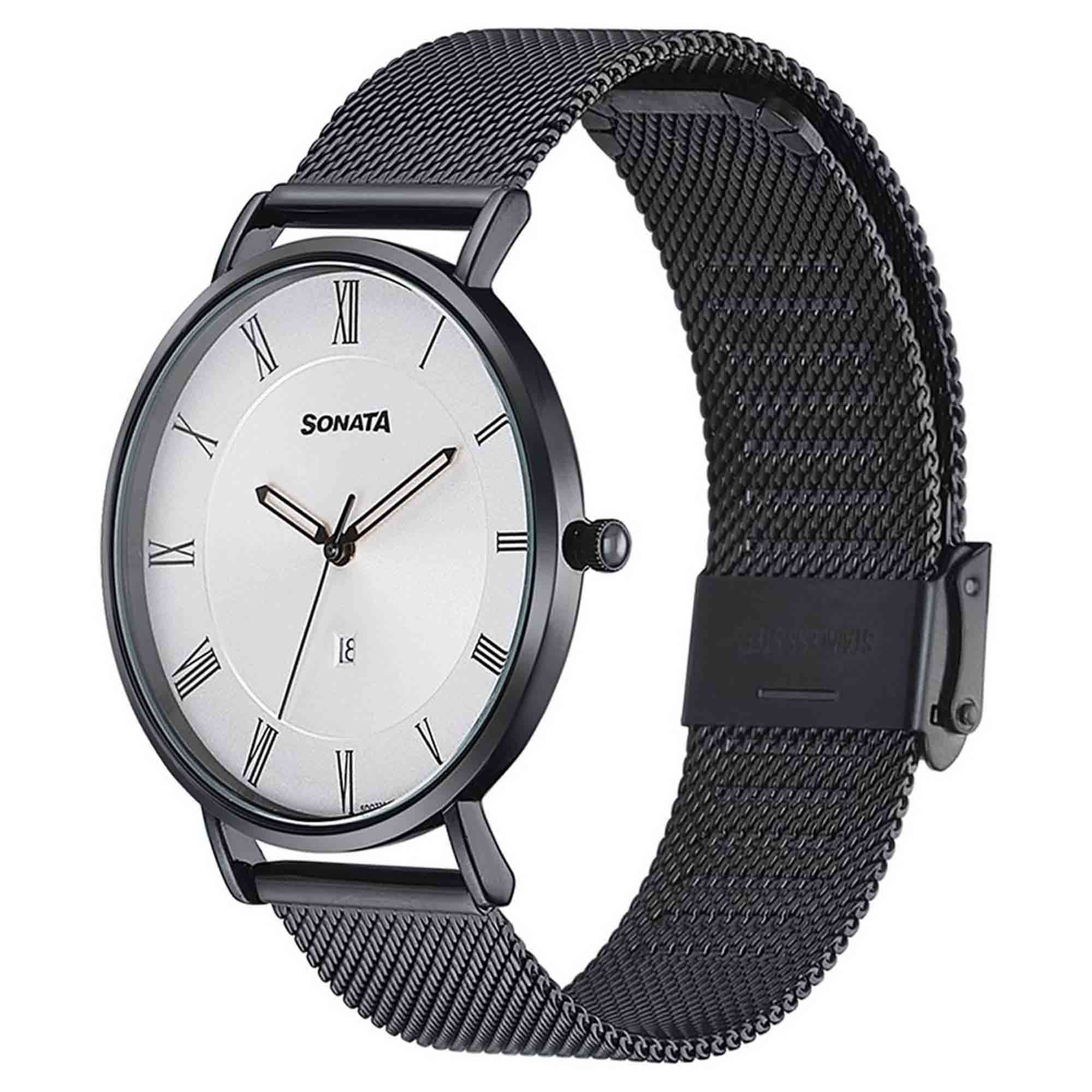 Sonata Quartz Analog with Date Silver Dial Black Stainless Steel Strap Watch For Men