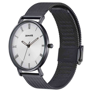 Sonata Quartz Analog with Date Silver Dial Black Stainless Steel Strap Watch For Men