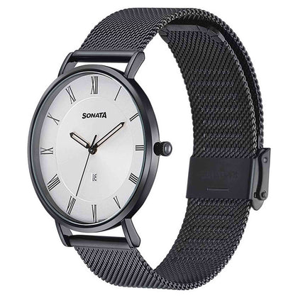 Sonata Quartz Analog with Date Silver Dial Black Stainless Steel Strap Watch For Men