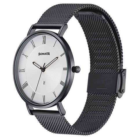 Sonata Quartz Analog with Date Silver Dial Black Stainless Steel Strap Watch For Men