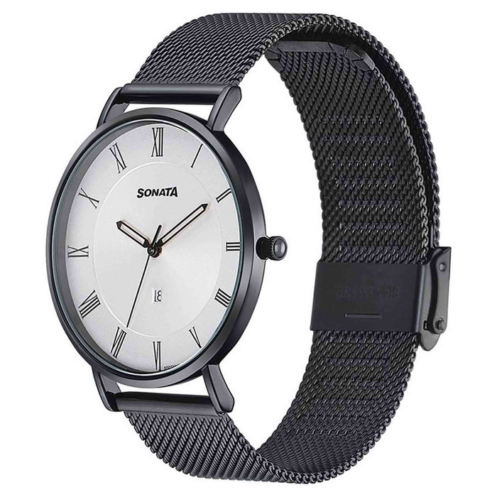 Sonata Quartz Analog with Date Silver Dial Black Stainless Steel Strap Watch For Men