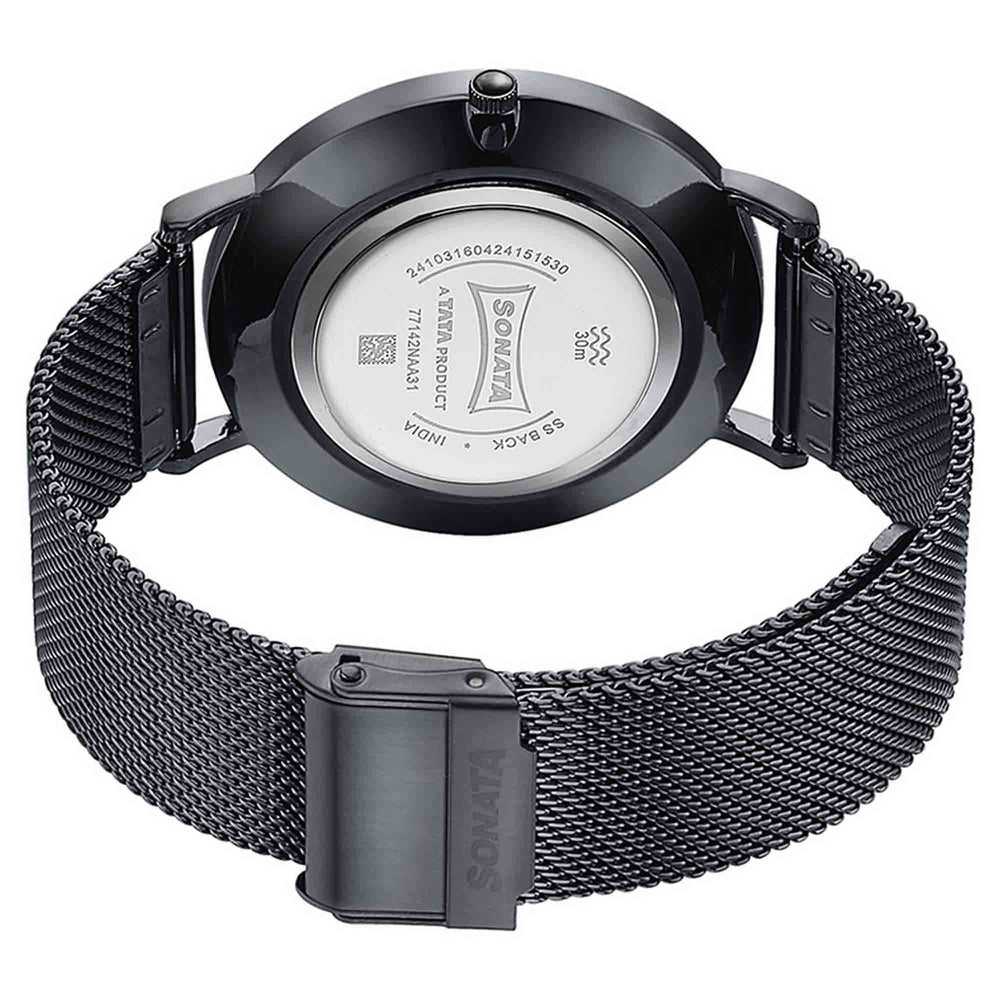 Sonata Quartz Analog with Date Silver Dial Black Stainless Steel Strap Watch For Men