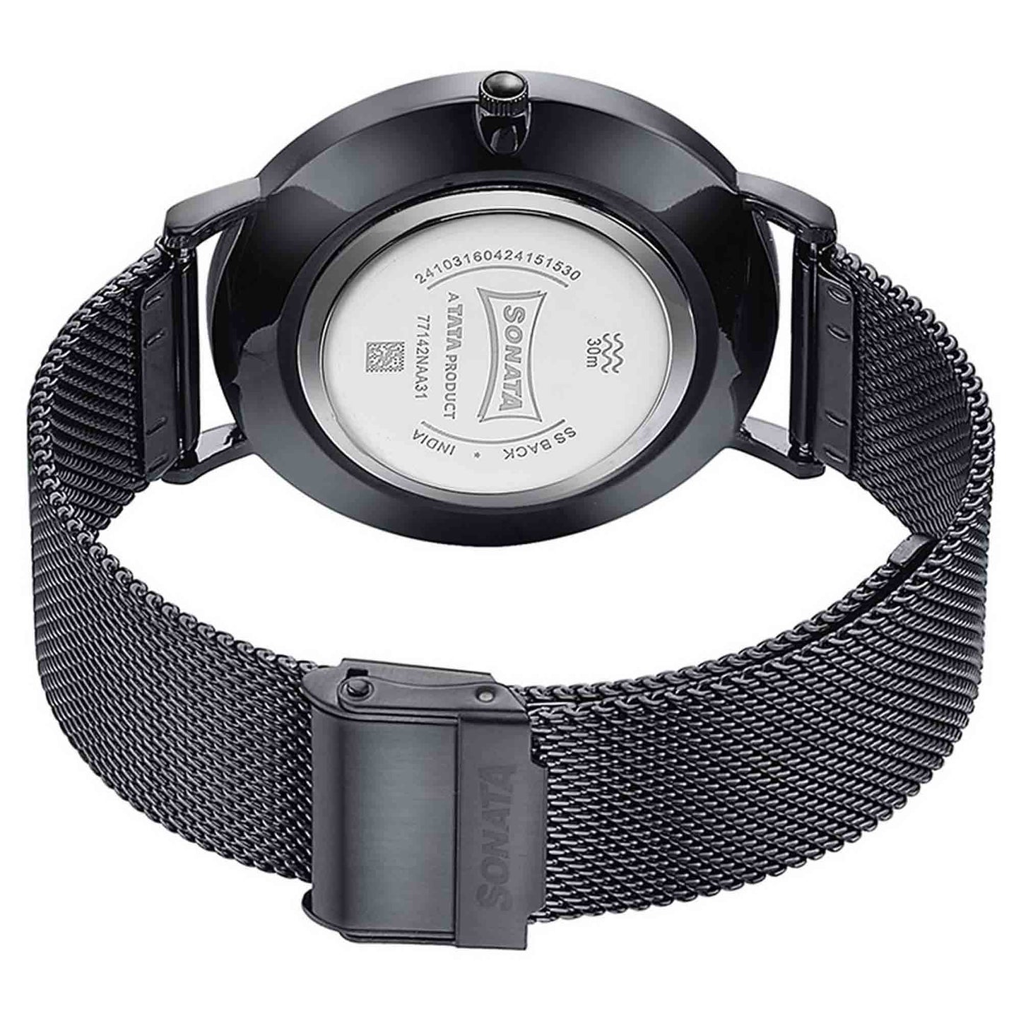 Sonata Quartz Analog with Date Silver Dial Black Stainless Steel Strap Watch For Men