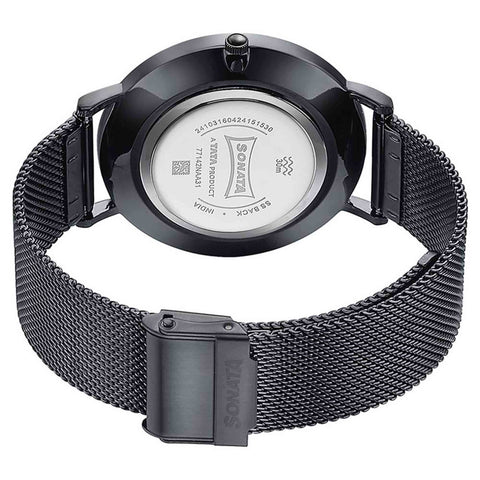 Sonata Quartz Analog with Date Silver Dial Black Stainless Steel Strap Watch For Men