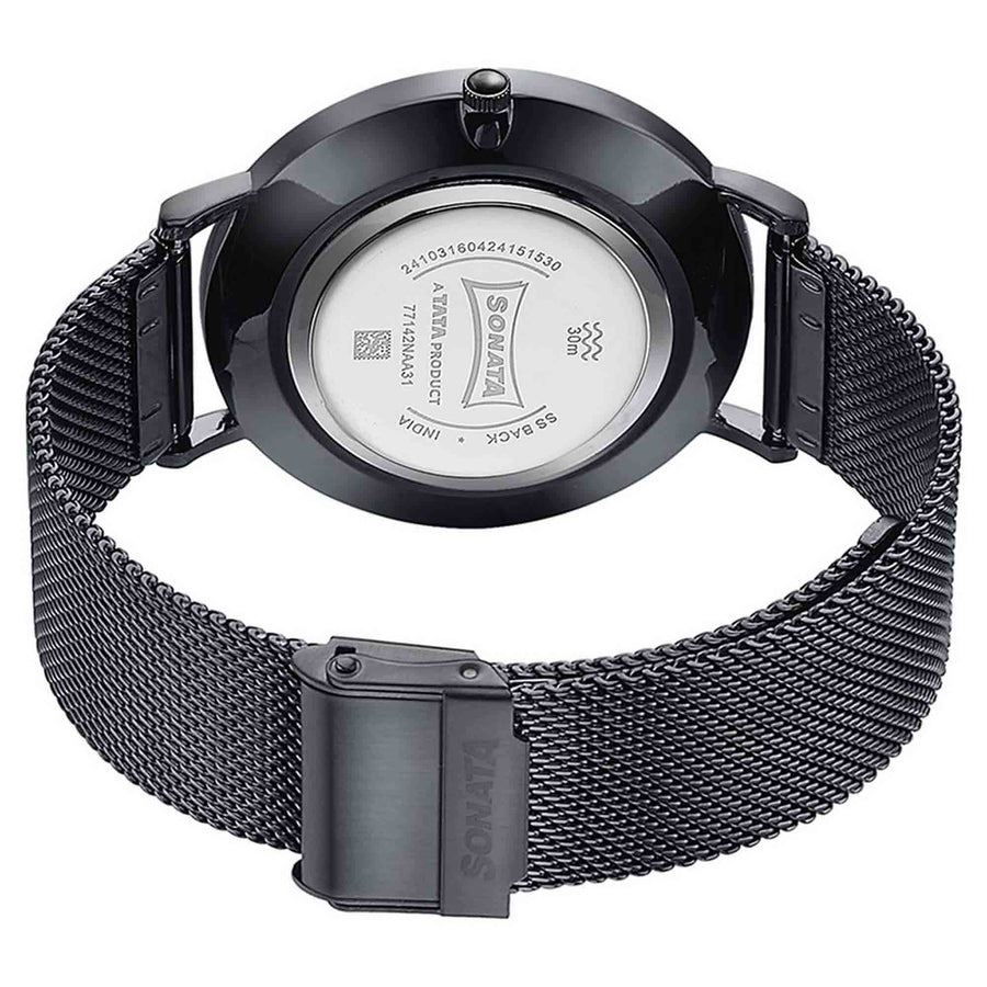 Sonata Quartz Analog with Date Silver Dial Black Stainless Steel Strap Watch For Men
