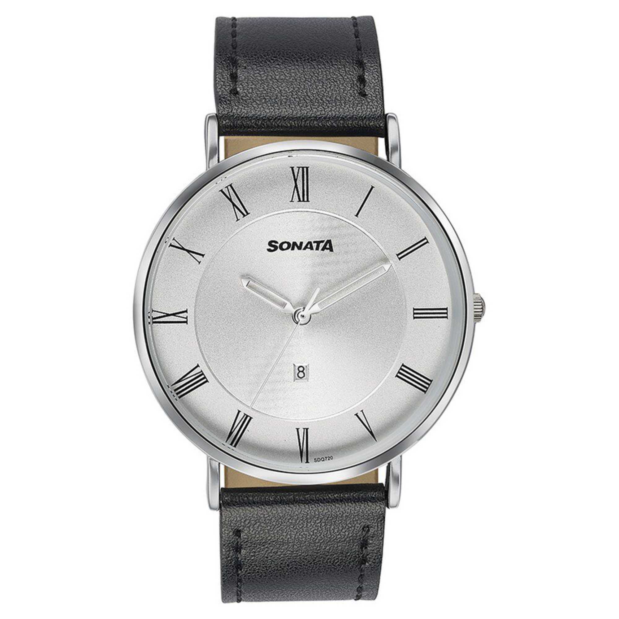 Sonata Quartz Analog with Date Silver Dial Black Leather Strap Watch For Men
