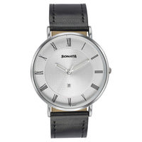 Sonata Quartz Analog with Date Silver Dial Black Leather Strap Watch For Men