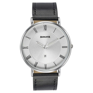 Sonata Quartz Analog with Date Silver Dial Black Leather Strap Watch For Men