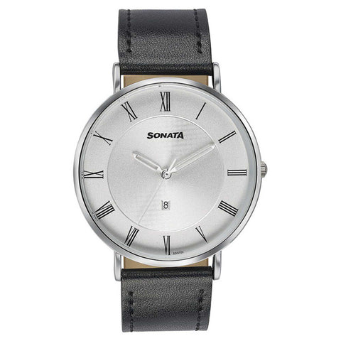 Sonata Quartz Analog with Date Silver Dial Black Leather Strap Watch For Men