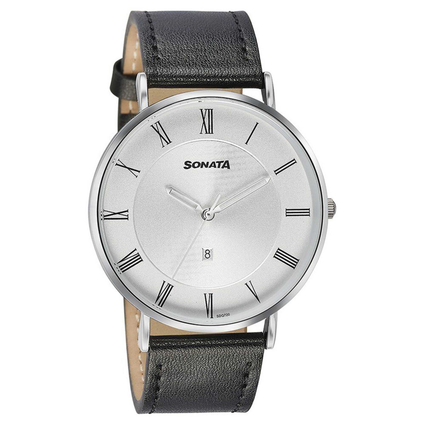 Sonata Quartz Analog with Date Silver Dial Black Leather Strap Watch For Men