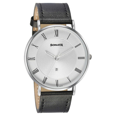 Sonata Quartz Analog with Date Silver Dial Black Leather Strap Watch For Men