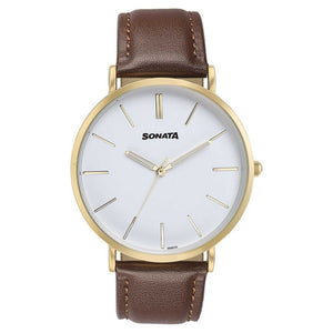 Sonata Quartz Analog White Dial Brown Leather Strap Watch For Men