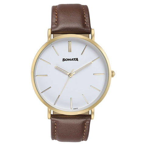 Sonata Quartz Analog White Dial Brown Leather Strap Watch For Men