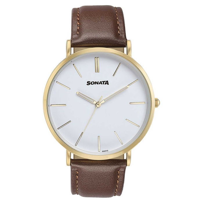 Sonata Quartz Analog White Dial Brown Leather Strap Watch For Men