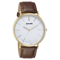 Sonata Quartz Analog White Dial Brown Leather Strap Watch For Men