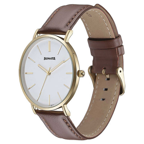 Sonata Quartz Analog White Dial Brown Leather Strap Watch For Men