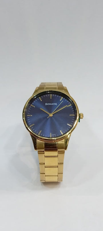 Sonata Quartz Analog Blue Dial Golden Stainless Steel Strap Watch For Men  77144YM01