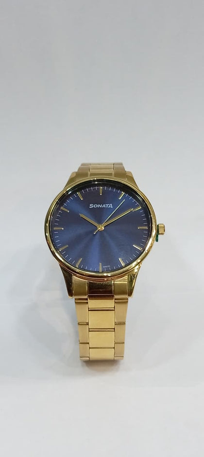 Sonata Quartz Analog Blue Dial Golden Stainless Steel Strap Watch For Men  77144YM01