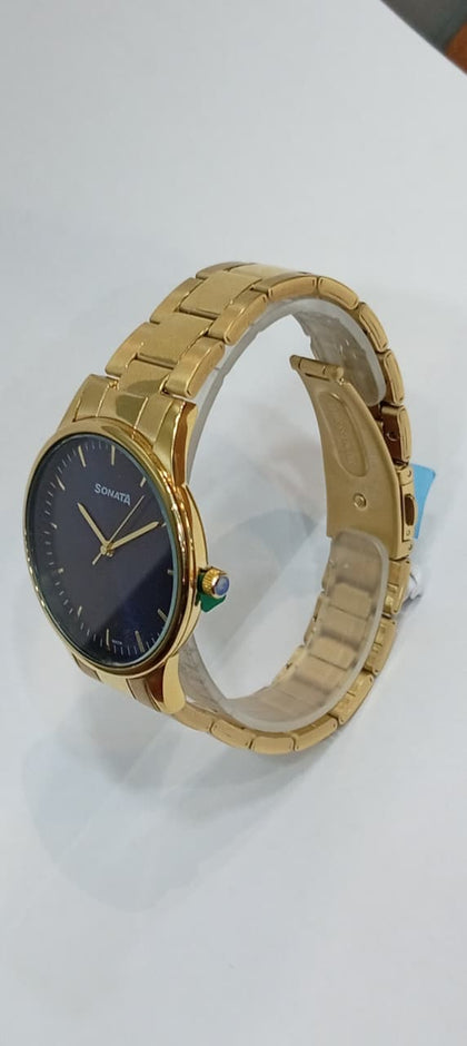Sonata Quartz Analog Blue Dial Golden Stainless Steel Strap Watch For Men  77144YM01