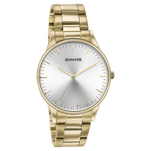 Sonata Quartz Analog Silver Dial Golden Stainless Steel Strap Watch For Men