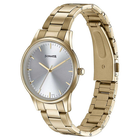Sonata Quartz Analog Silver Dial Golden Stainless Steel Strap Watch For Men