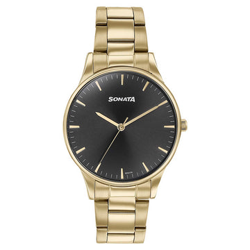 Sonata Black Dial Golden Metal Strap Analog Watch for Men