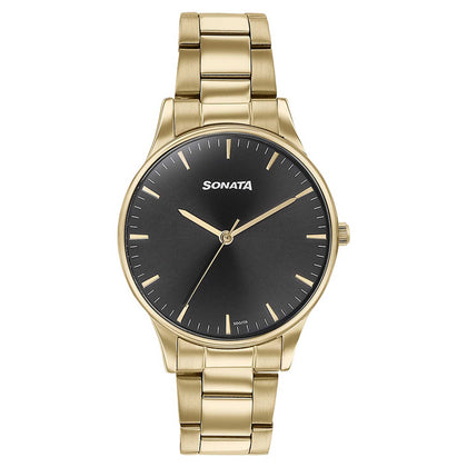 Sonata Black Dial Golden Metal Strap Analog Watch for Men