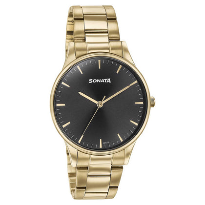 Sonata Black Dial Golden Metal Strap Analog Watch for Men