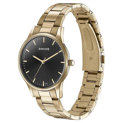 Sonata Black Dial Golden Metal Strap Analog Watch for Men