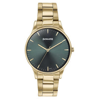 Sonata Green Dial Golden Metal Strap Analog Watch for Men