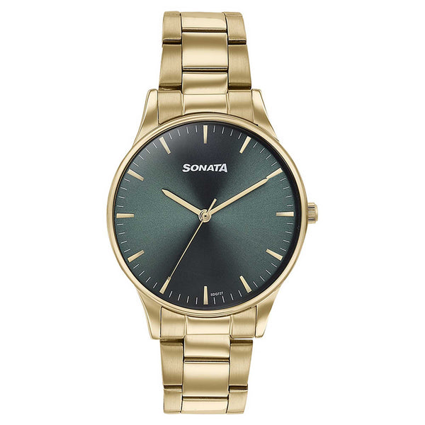 Sonata Green Dial Golden Metal Strap Analog Watch for Men