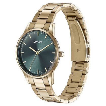 Sonata Green Dial Golden Metal Strap Analog Watch for Men