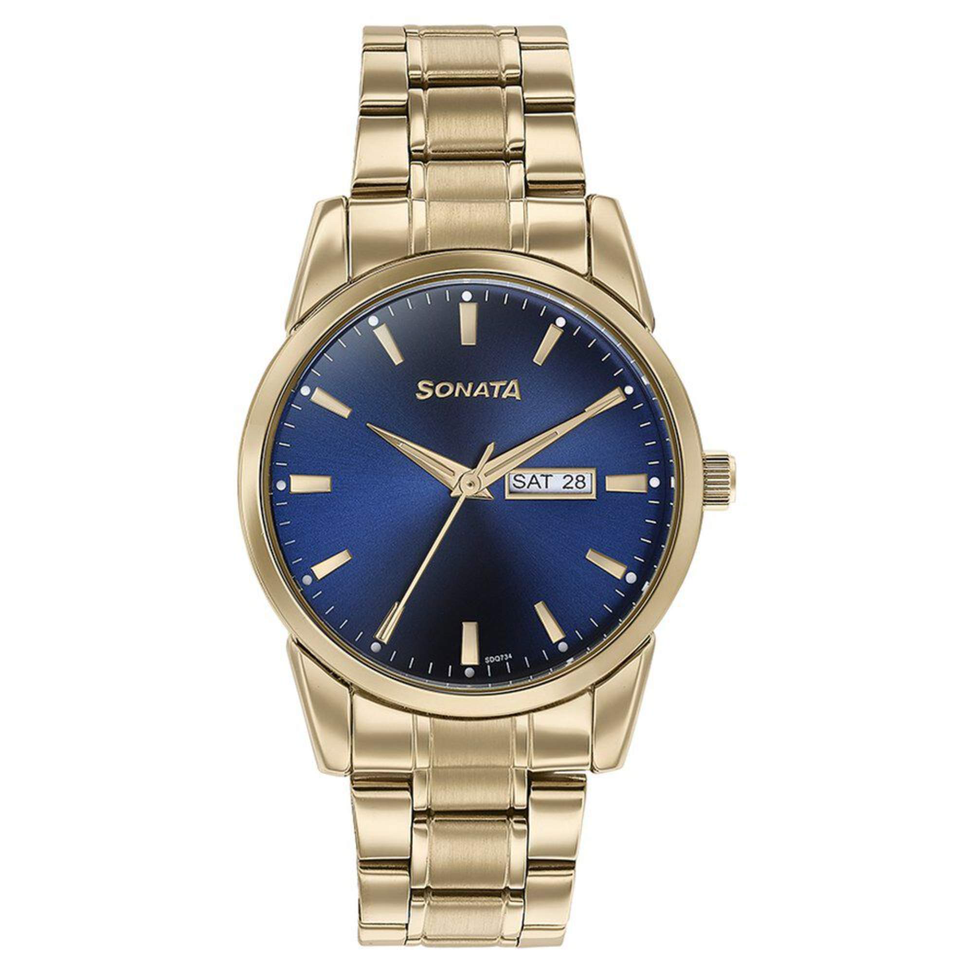 Sonata Quartz Analog with Day and Date Blue Dial Golden Stainless Steel Strap Watch For Men