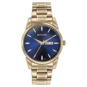 Sonata Quartz Analog with Day and Date Blue Dial Golden Stainless Steel Strap Watch For Men
