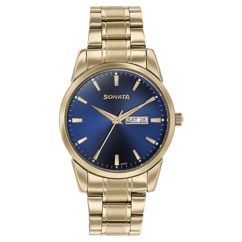 Sonata Quartz Analog with Day and Date Blue Dial Golden Stainless Steel Strap Watch For Men