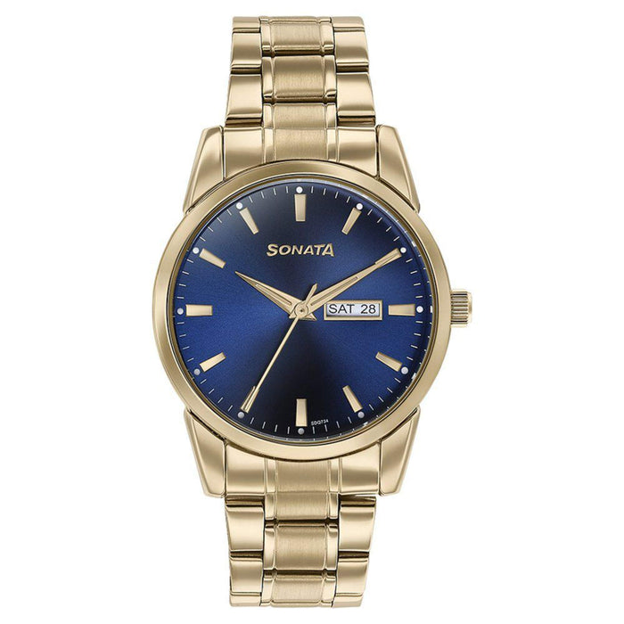 Sonata Quartz Analog with Day and Date Blue Dial Golden Stainless Steel Strap Watch For Men