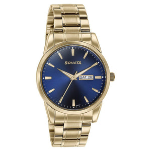 Sonata Quartz Analog with Day and Date Blue Dial Golden Stainless Steel Strap Watch For Men