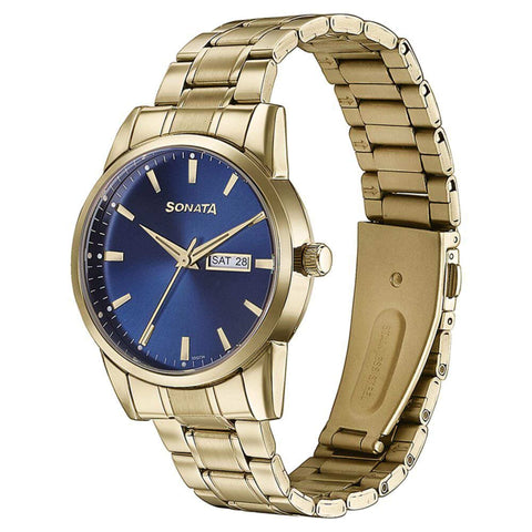 Sonata Quartz Analog with Day and Date Blue Dial Golden Stainless Steel Strap Watch For Men