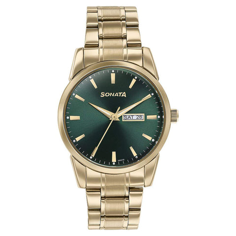 Sonata Quartz Analog with Day and Date Green Dial Golden Stainless Steel Strap Watch For Men
